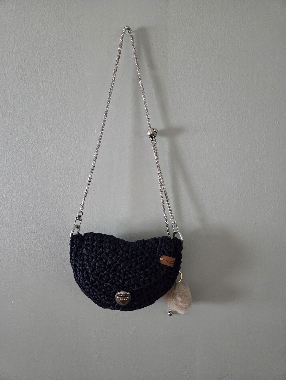 Handmade Navy Crossbody Bag with Fur Pom - Picture 4 of 7